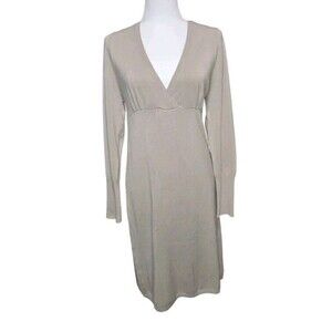 BCBG MAXAZRIA Beige V-neck Midi Sweater Dress Womens Size Large